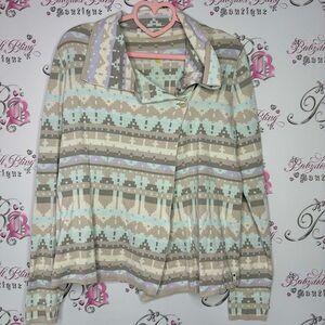 Woolrich sweater cardigan wrap style Aztec boho print light pastel beach summer